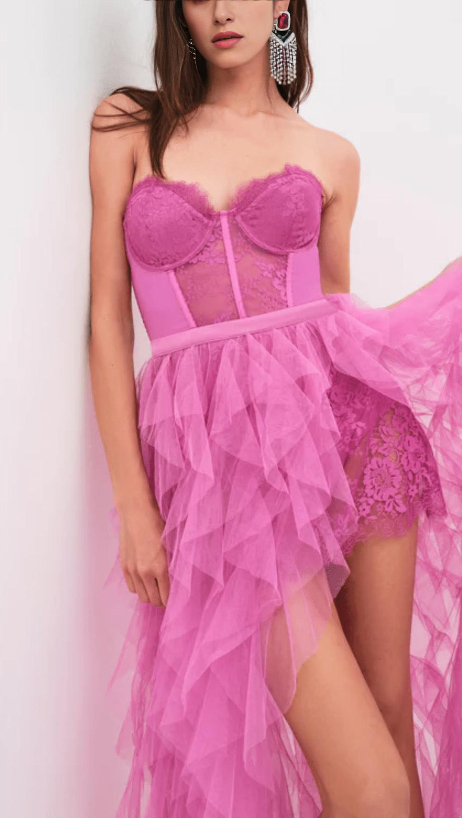 PINK STRAPLESS LACE PATCHWORK MESH MAXI DRESS