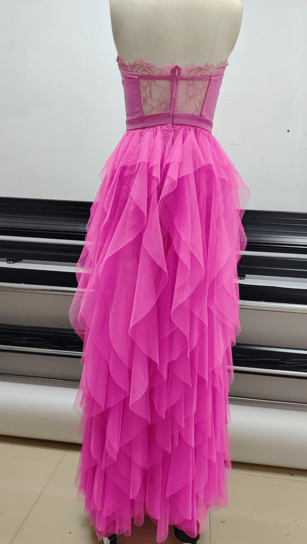 AIIZIE PINK STRAPLESS LACE PATCHWORK MESH MAXI DRESS - product image