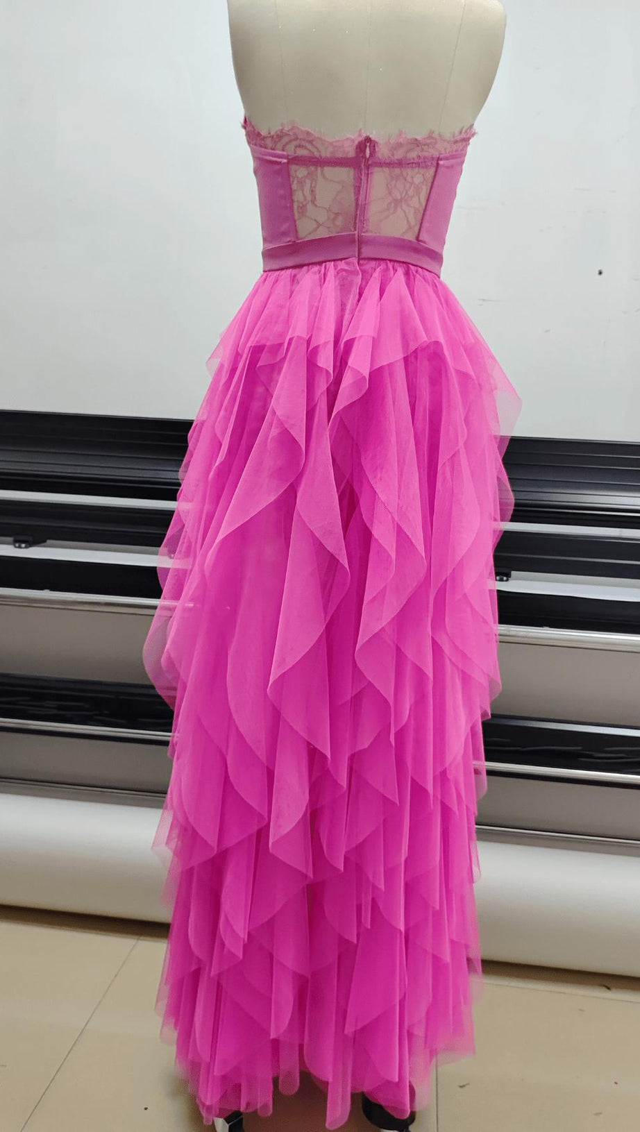 PINK STRAPLESS LACE PATCHWORK MESH MAXI DRESS