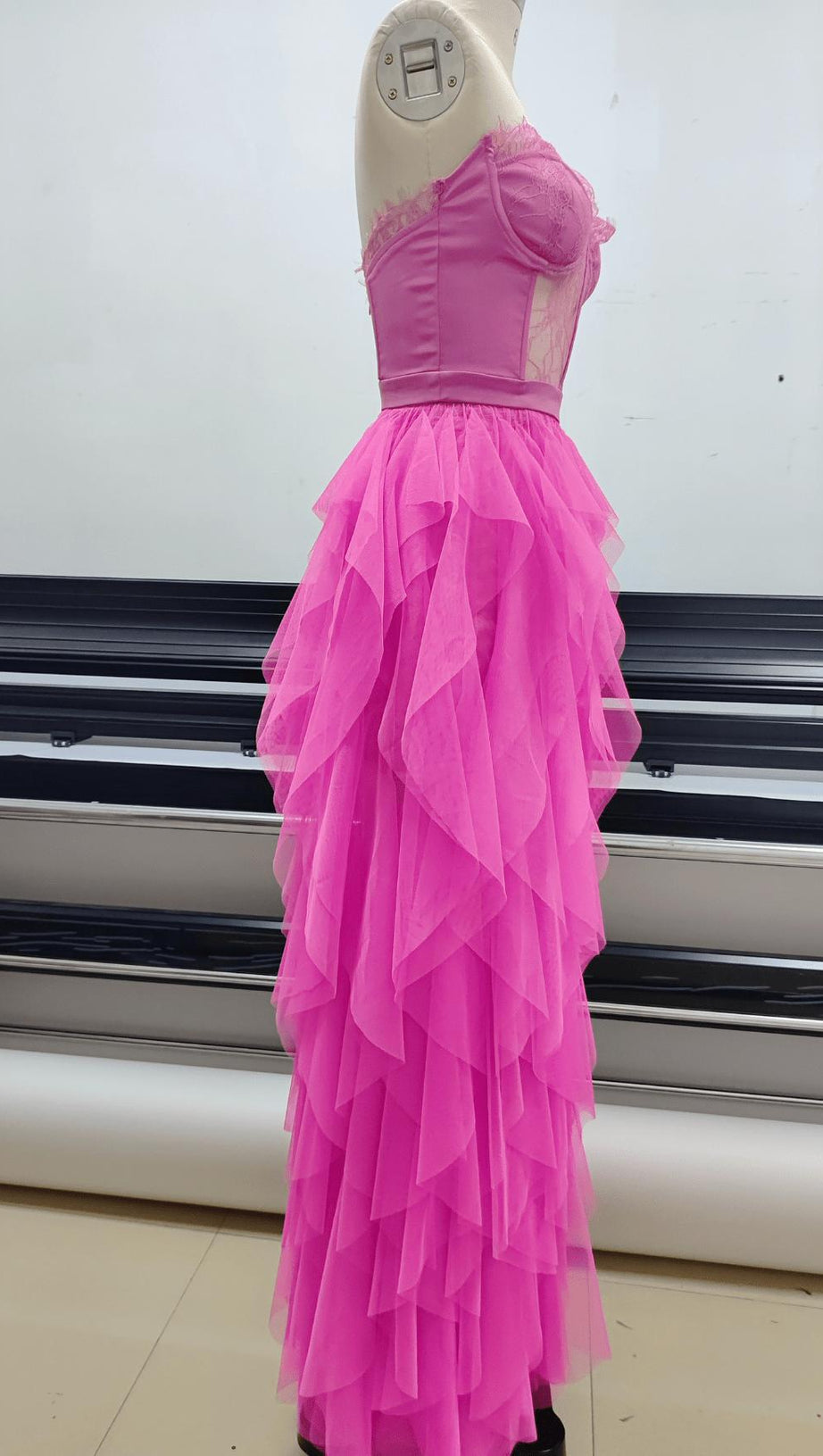 PINK STRAPLESS LACE PATCHWORK MESH MAXI DRESS