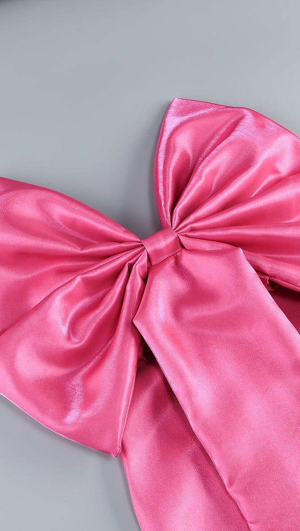 MINI ABITO SENZA SPALLINE IN TAFFETÀ ROSA CON FIOCCO 