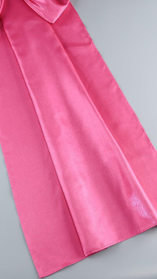 MINI ABITO SENZA SPALLINE IN TAFFETÀ ROSA CON FIOCCO 