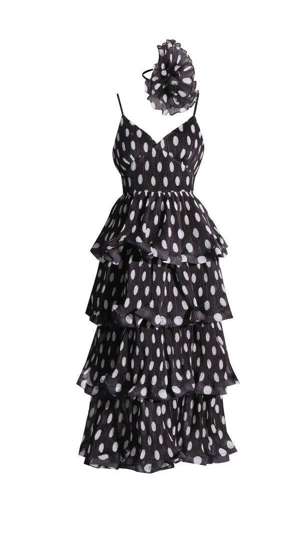 AIIZIE POLKA-DOT RUFFLE TRIM TIERED MIDI DRESS - product image