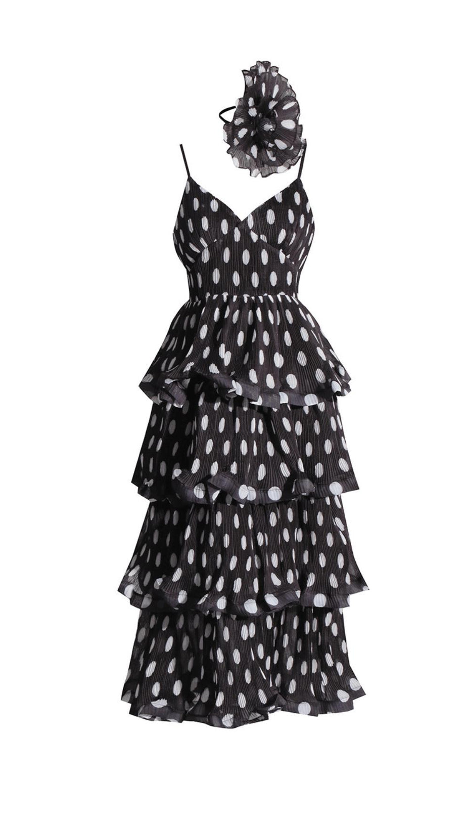 POLKA-DOT RUFFLE TRIM TIERED MIDI DRESS