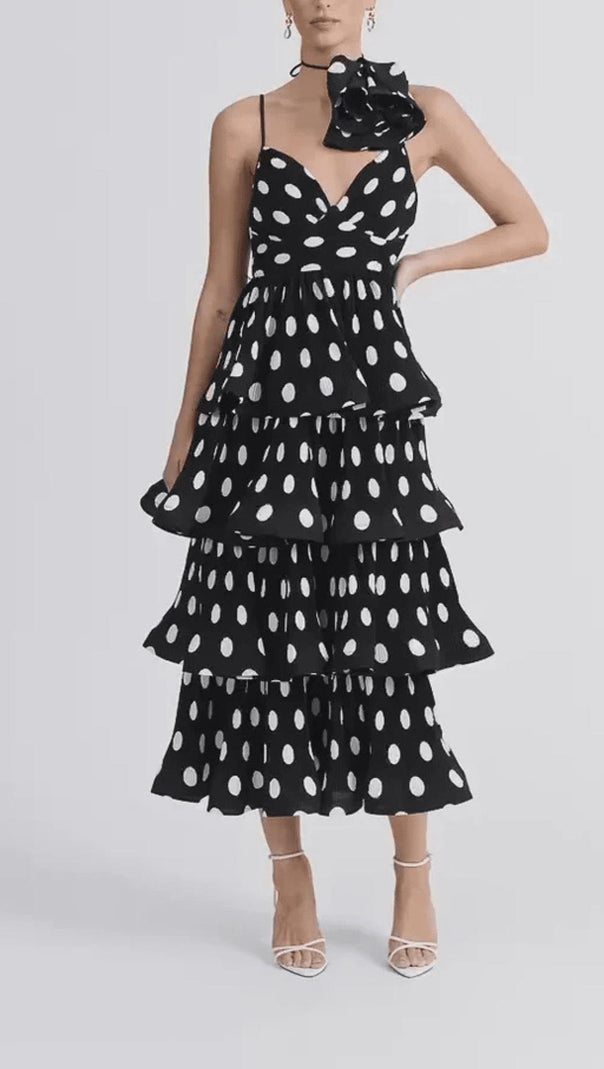 AIIZIE POLKA-DOT RUFFLE TRIM TIERED MIDI DRESS - product image