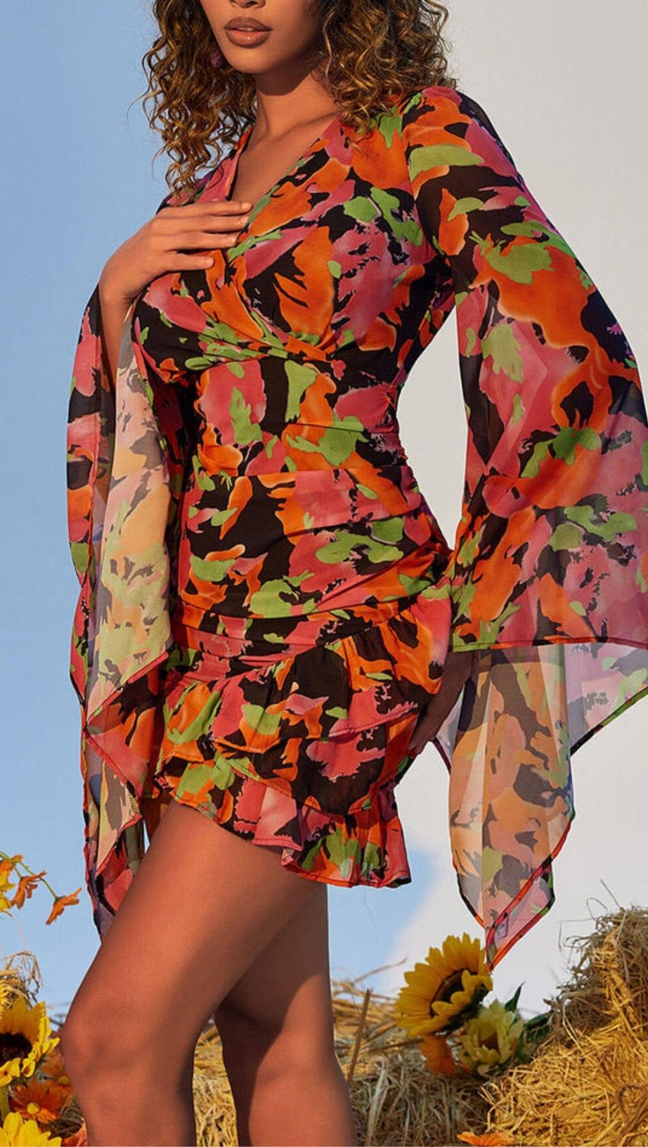 PRINTED RUFFLE MESH DRESS