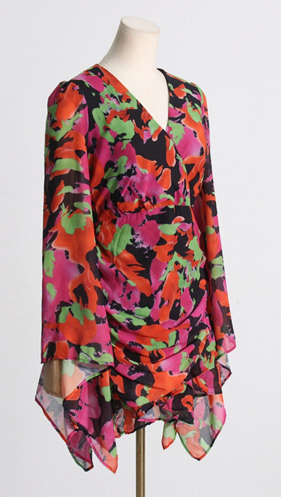 PRINTED RUFFLE MESH DRESS