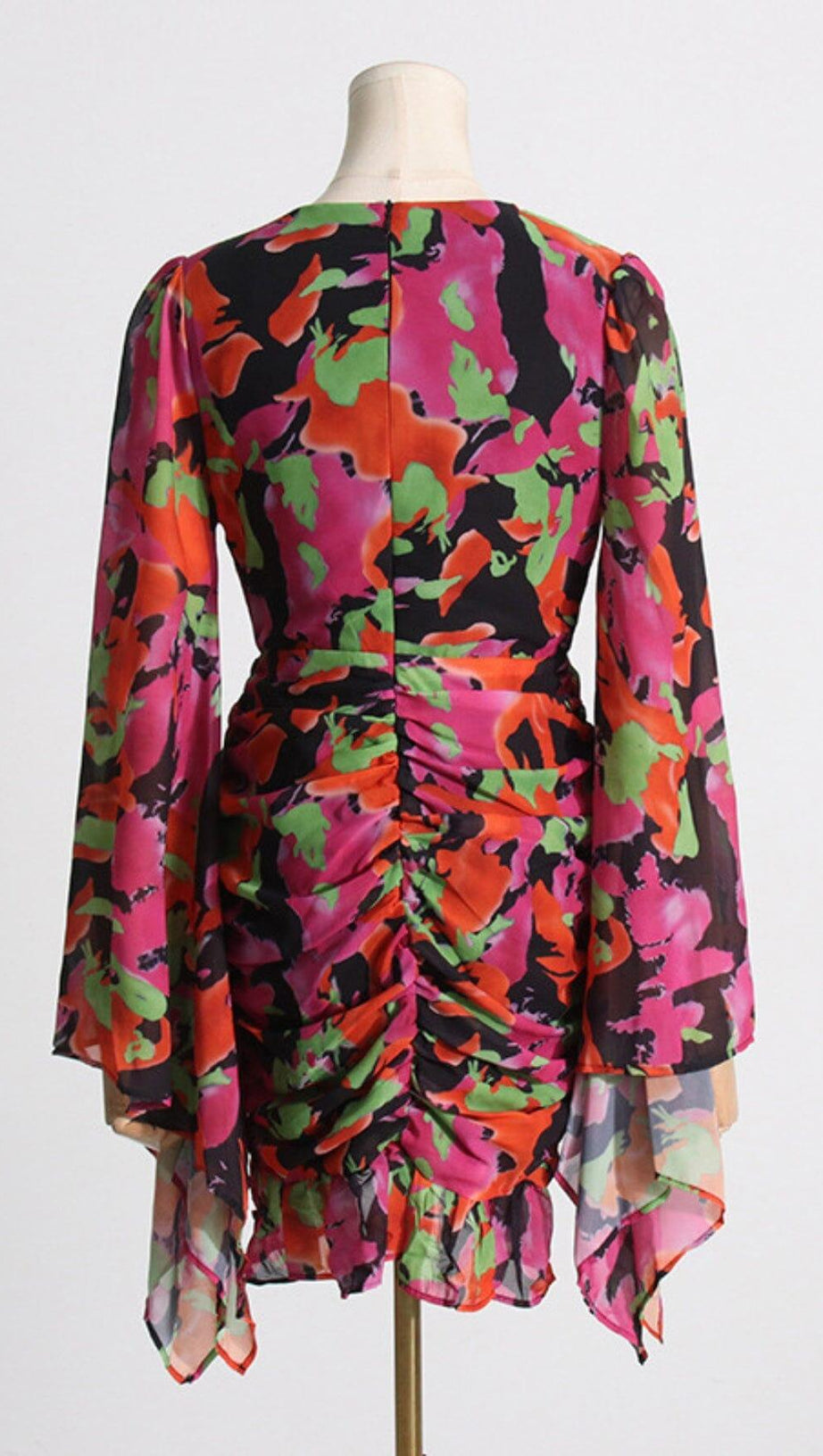 PRINTED RUFFLE MESH DRESS