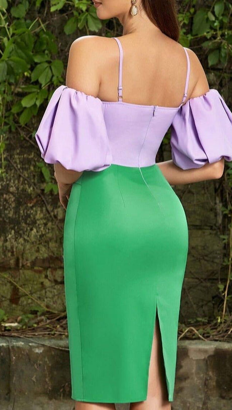 PUFF SLEEVE BODYCON STRAP MIDI DRESS