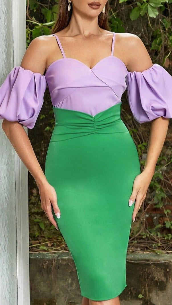 AIIZIE PUFF SLEEVE BODYCON STRAP MIDI DRESS - product image