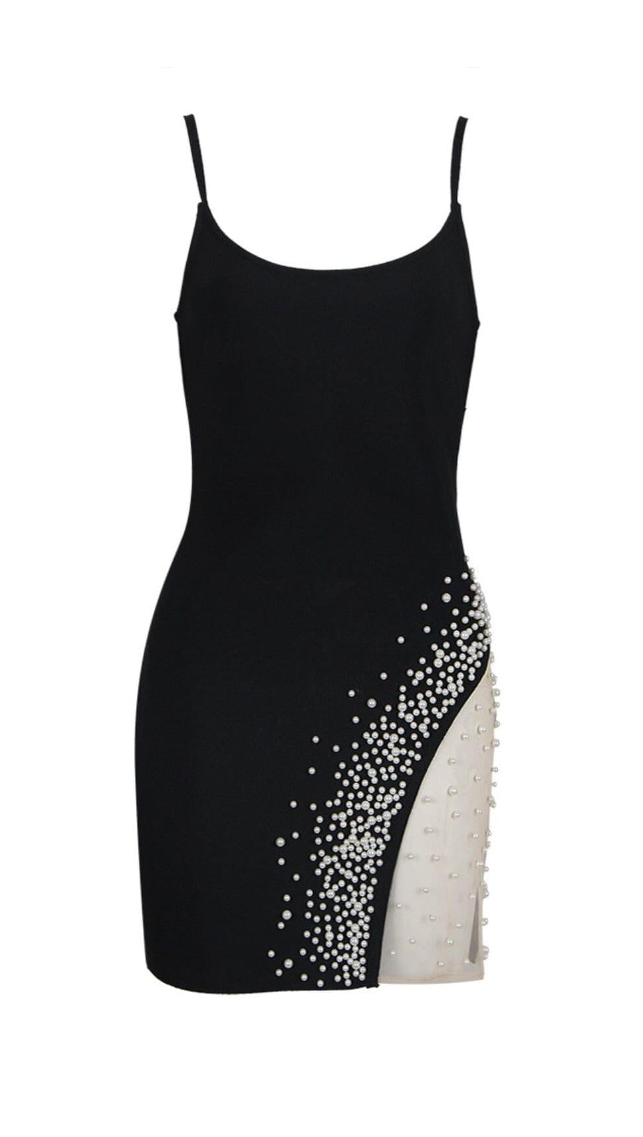 BANDAGE PEARL MESH MINI DRESS IN BLACK