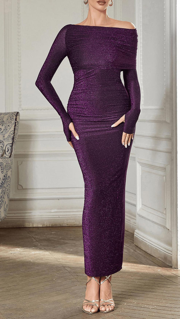 AIIZIE PURPLE LONG SLEEVE OFF SHOULDER BODYCON MAXI DRESS - product image