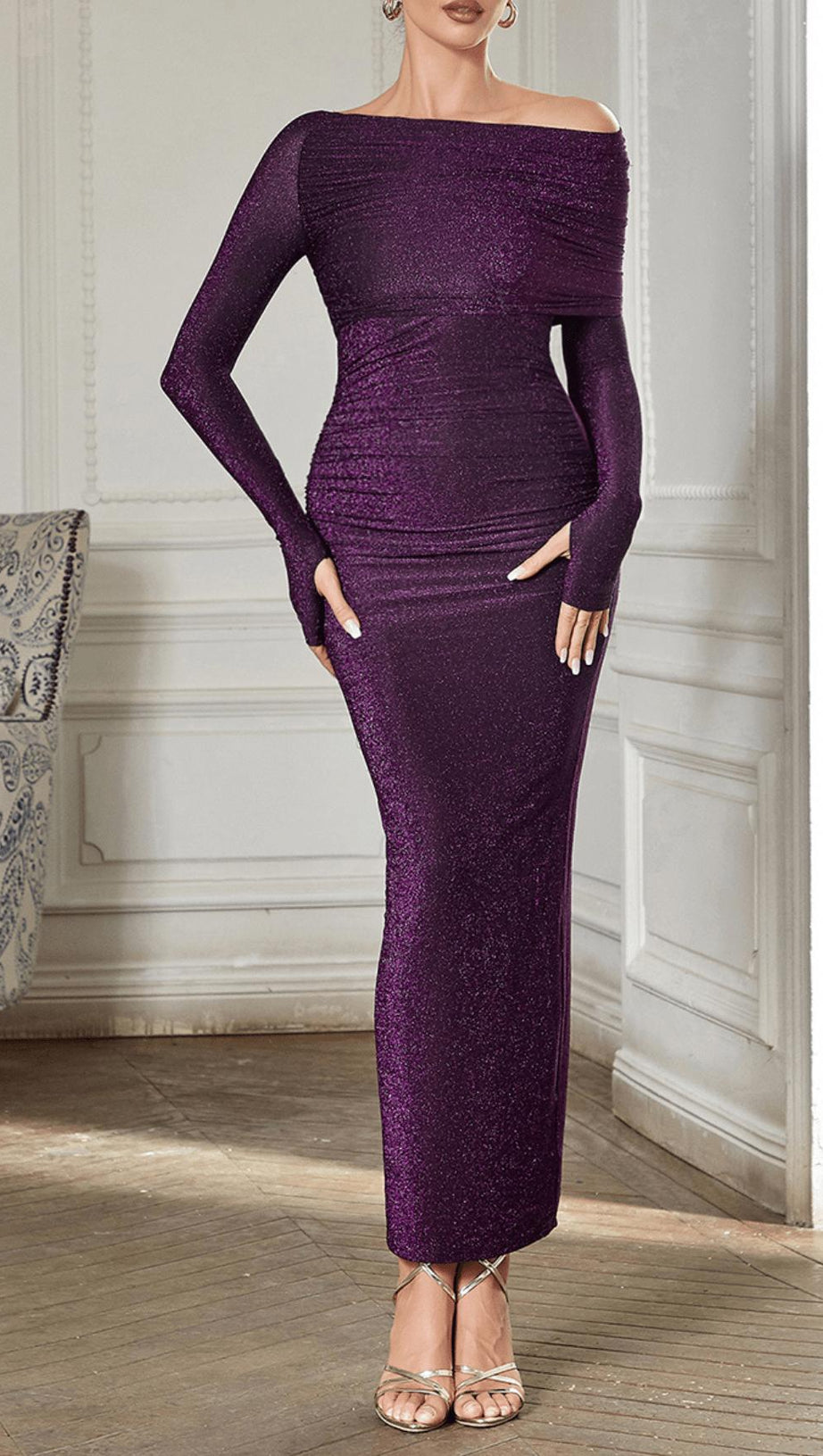 PURPLE LONG SLEEVE OFF SHOULDER BODYCON MAXI DRESS