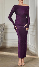 PURPLE LONG SLEEVE OFF SHOULDER BODYCON MAXI DRESS