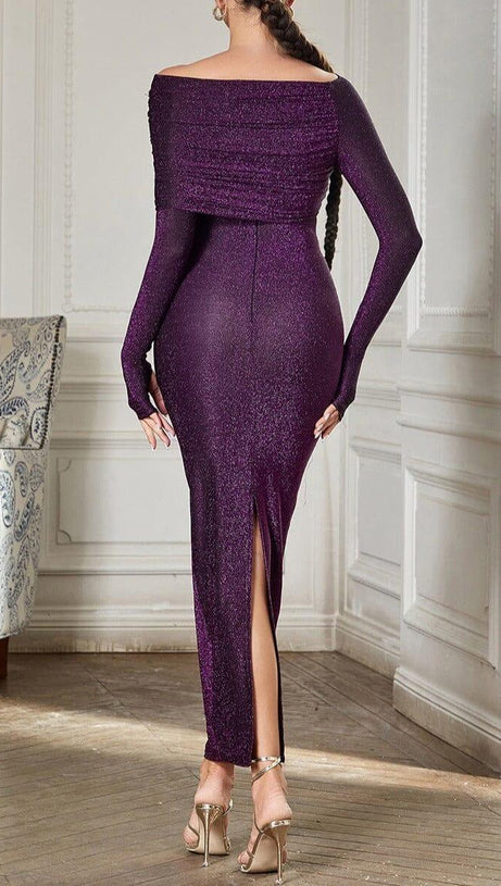 PURPLE LONG SLEEVE OFF SHOULDER BODYCON MAXI DRESS