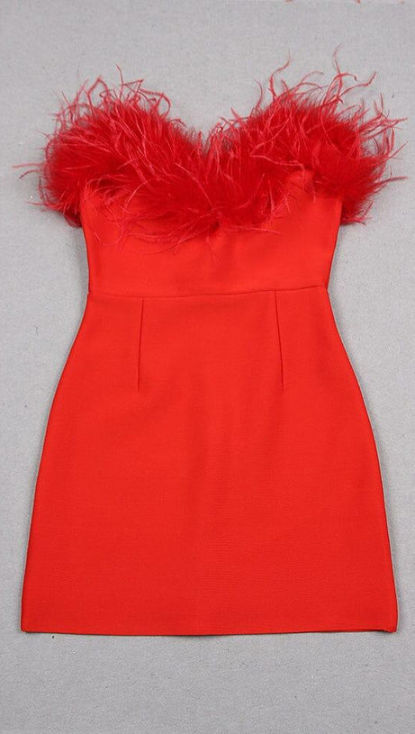 MINI ABITO CON BORDI IN PIUME ROSSE 