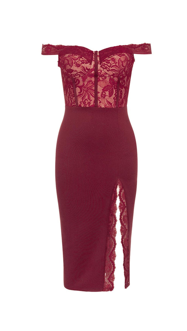 AIIZIE RED OFF SHOULDER LACE BUSTIER MIDI DRESS - product image
