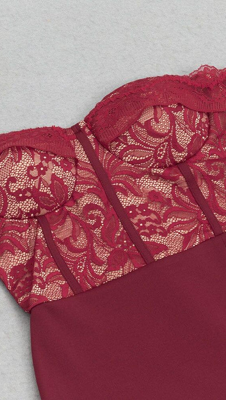 ABITO MIDI BUSTIER IN PIZZO CON SPALLE SCOPERTE ROSSO 