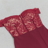 RED OFF SHOULDER LACE BUSTIER MIDI DRESS