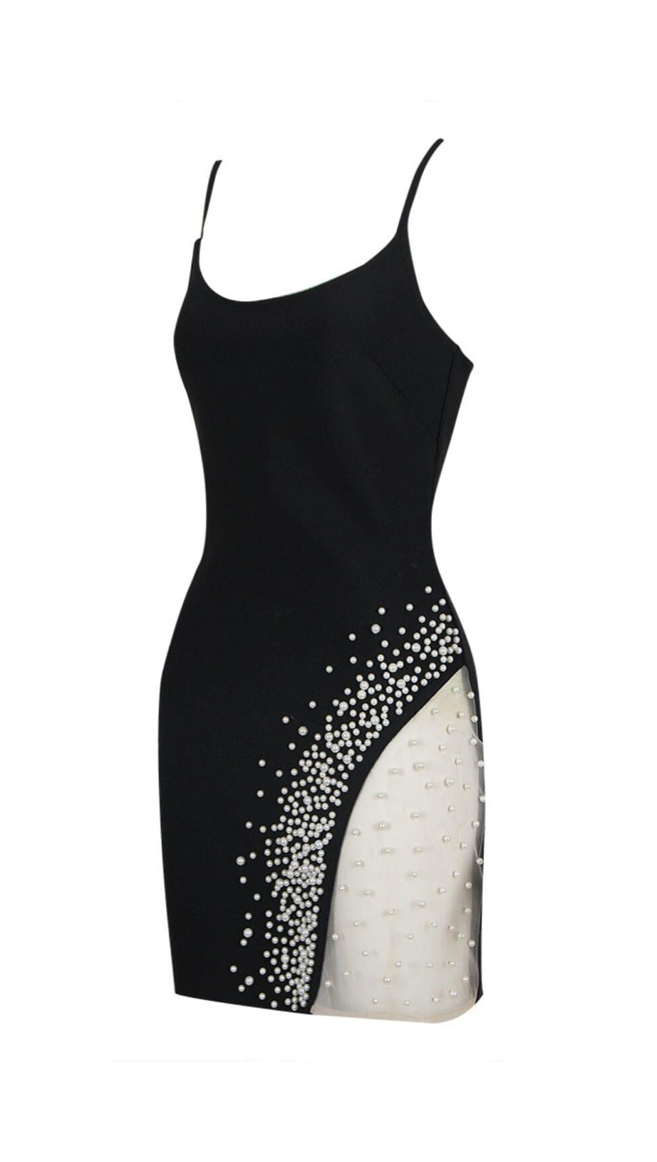 BANDAGE PEARL MESH MINI DRESS IN BLACK