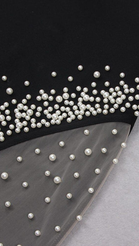 BANDAGE PEARL MESH MINI DRESS IN BLACK