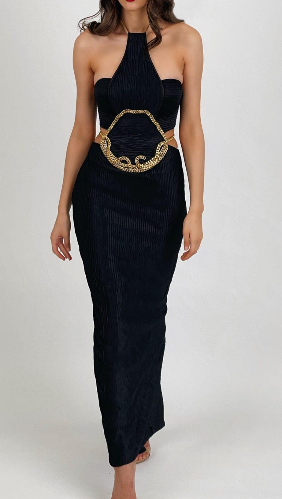 HALTER CHAIN MAXI DRESS IN BLACK