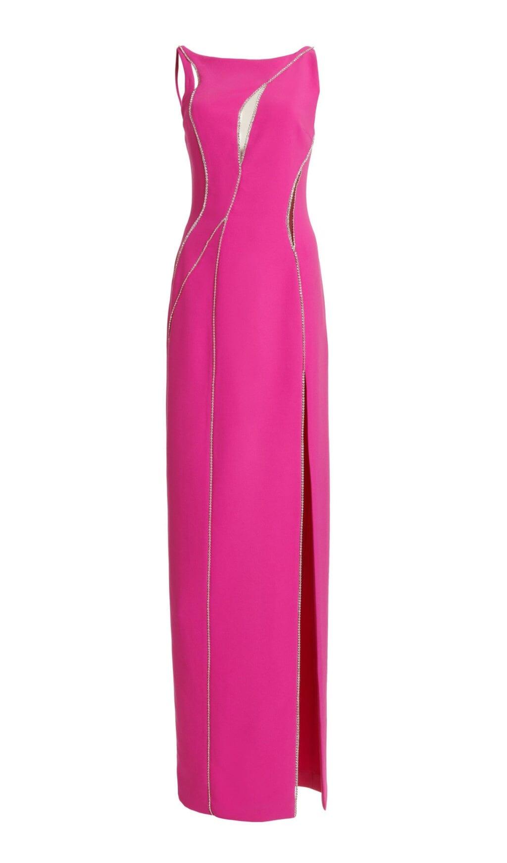 CRYSTAL WAVY CUTOUT THIGH-SLIT CADY GOWN