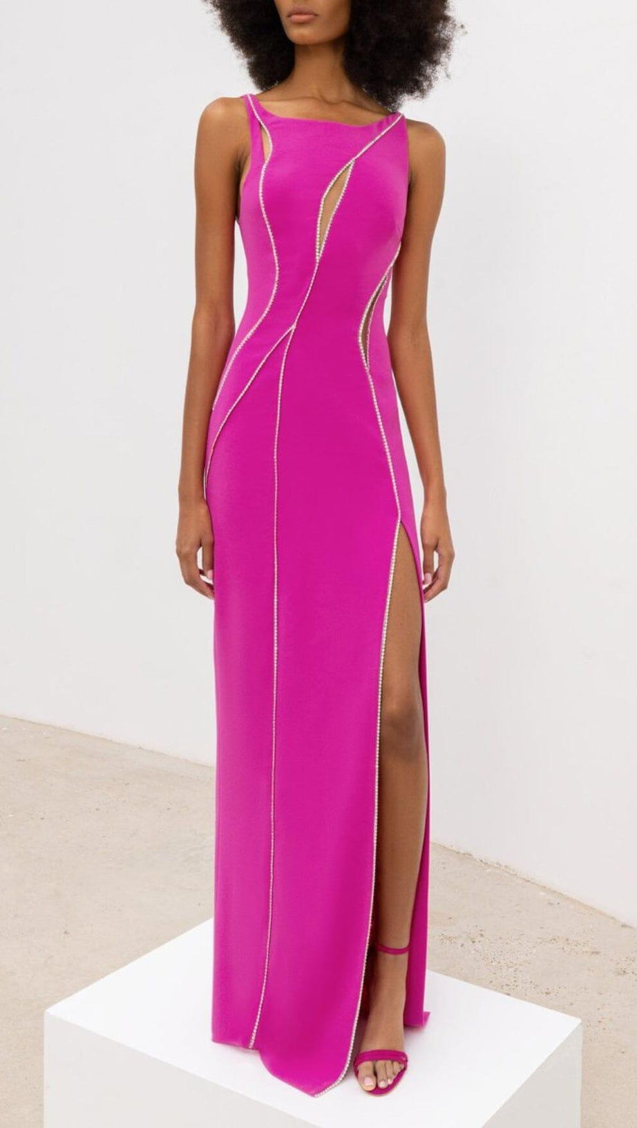 CRYSTAL WAVY CUTOUT THIGH-SLIT CADY GOWN