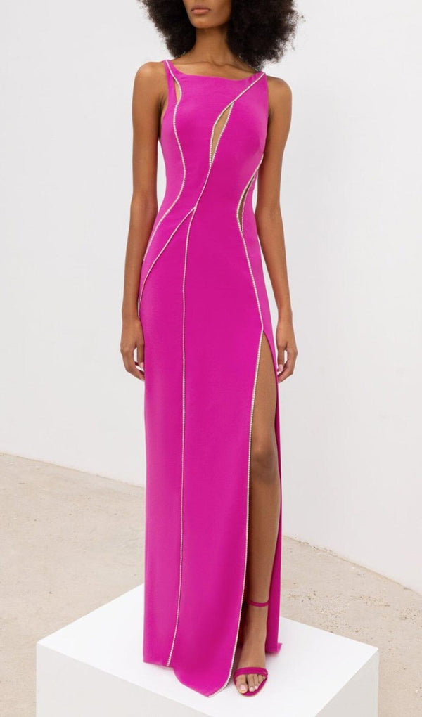 CRYSTAL WAVY CUTOUT THIGH-SLIT CADY GOWN