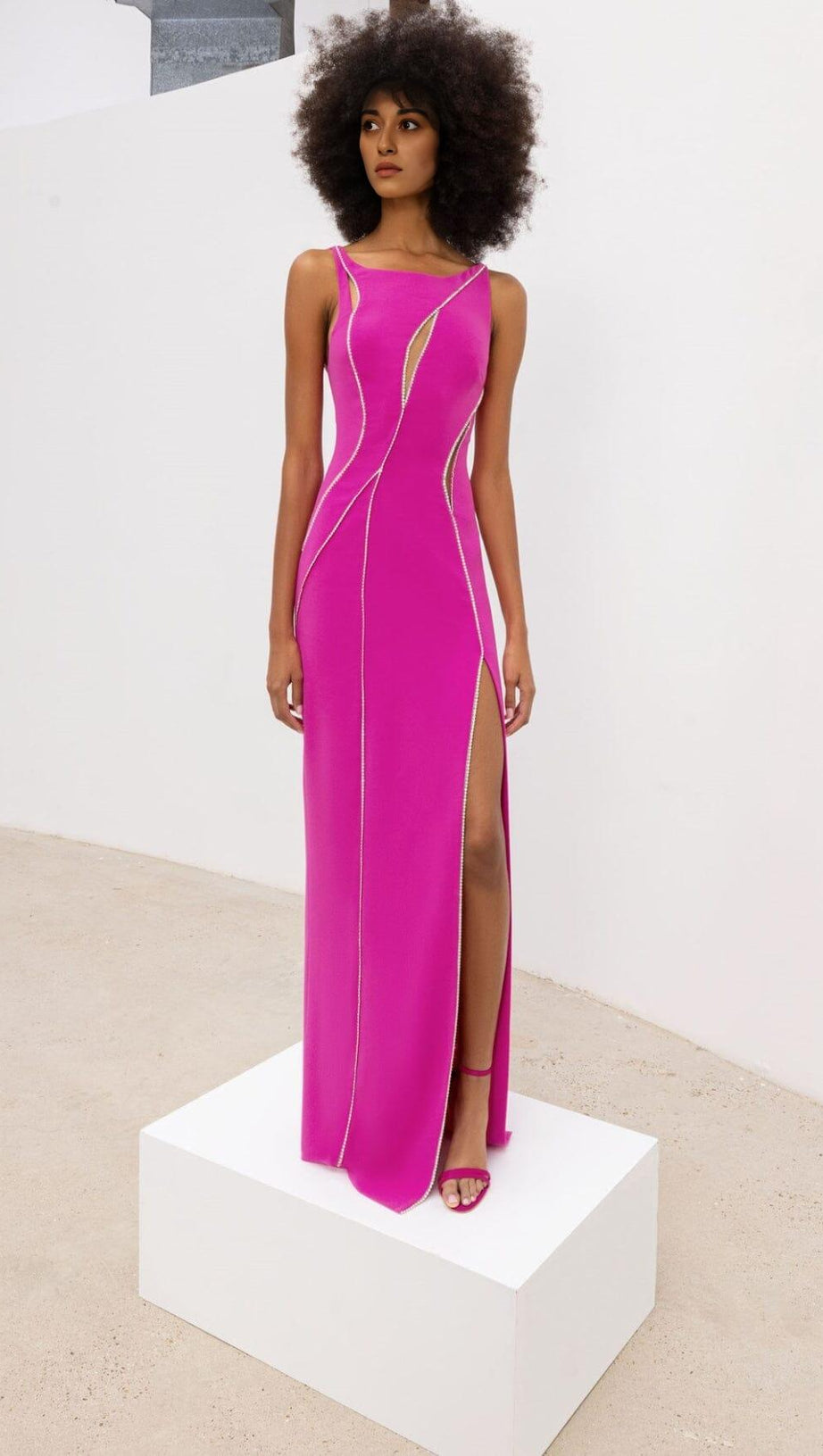 CRYSTAL WAVY CUTOUT THIGH-SLIT CADY GOWN