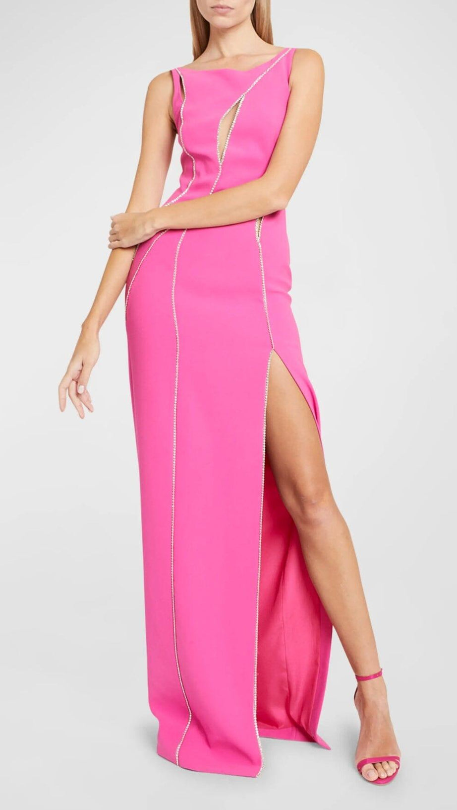 CRYSTAL WAVY CUTOUT THIGH-SLIT CADY GOWN