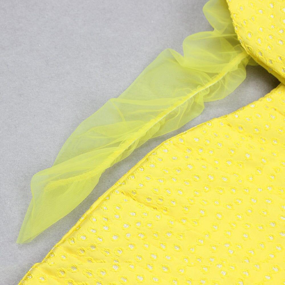 AIIZIE YELLOW OFF SHOULDER RUCHED MESH MINI DRESS - product image