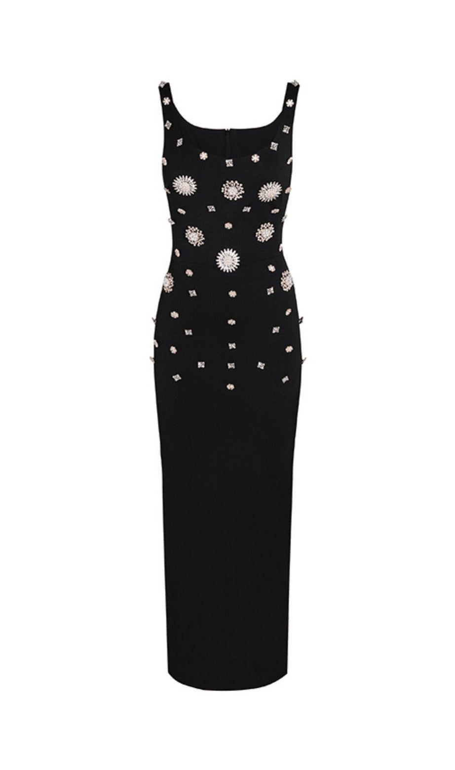 Schwarzes Kleid mit Rundhalsausschnitt und Broschenverzierung