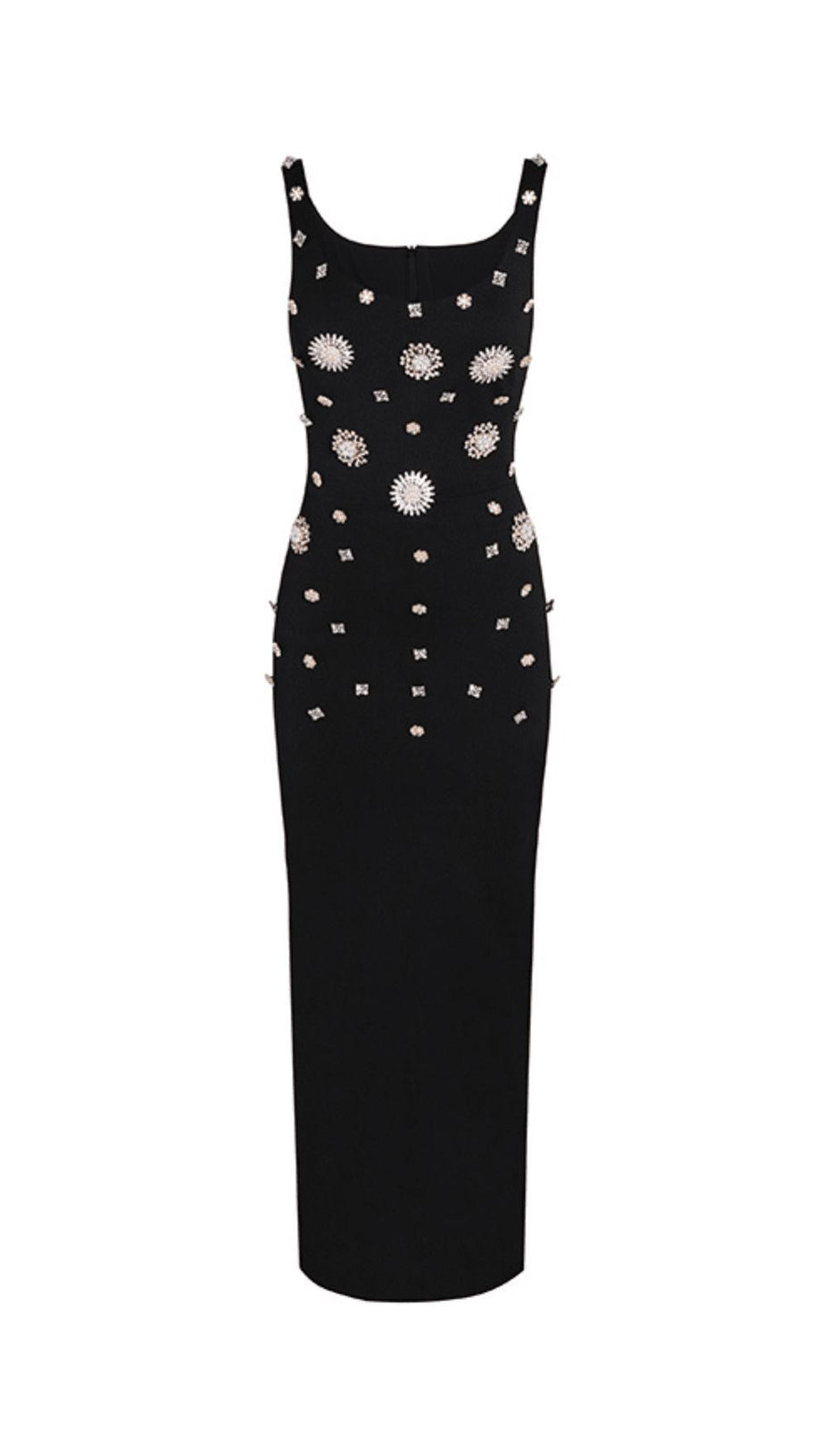 Schwarzes Kleid mit Rundhalsausschnitt und Broschenverzierung