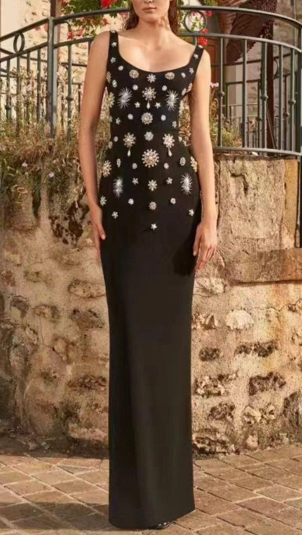 AIIZIE BROOCH-EMBELLISHED SCOOPNECK GOWN IN BLACK - product image