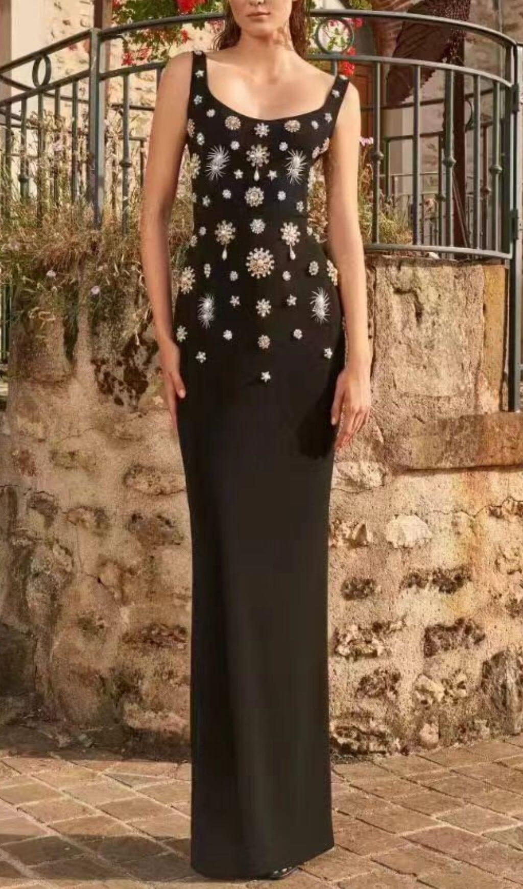 BROOCH-EMBELLISHED SCOOPNECK GOWN IN BLACK