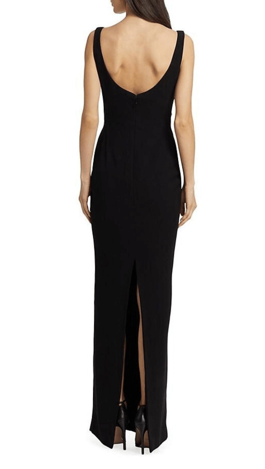 BROOCH-EMBELLISHED SCOOPNECK GOWN IN BLACK