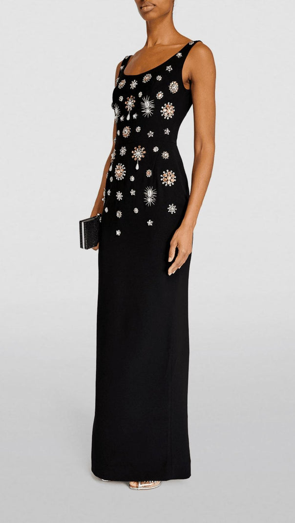 AIIZIE BROOCH-EMBELLISHED SCOOPNECK GOWN IN BLACK - product image