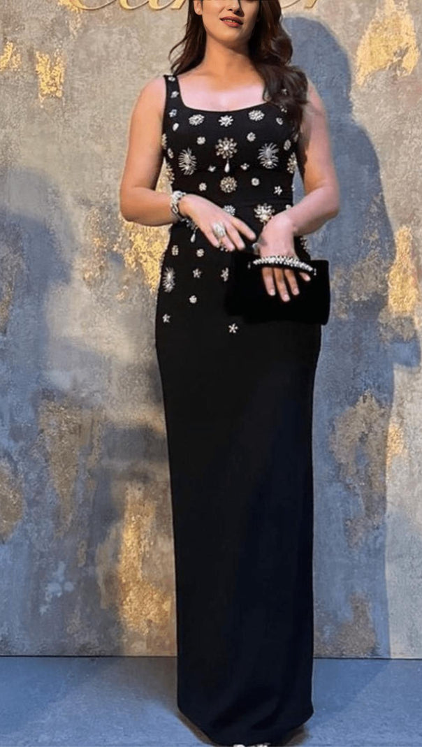 AIIZIE BROOCH-EMBELLISHED SCOOPNECK GOWN IN BLACK - product image