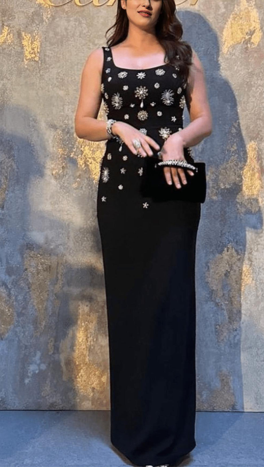 BROOCH-EMBELLISHED SCOOPNECK GOWN IN BLACK