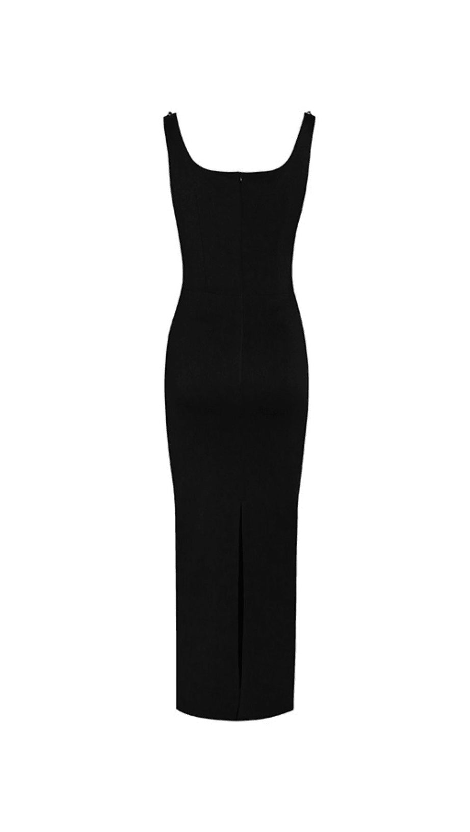 BROOCH-EMBELLISHED SCOOPNECK GOWN IN BLACK