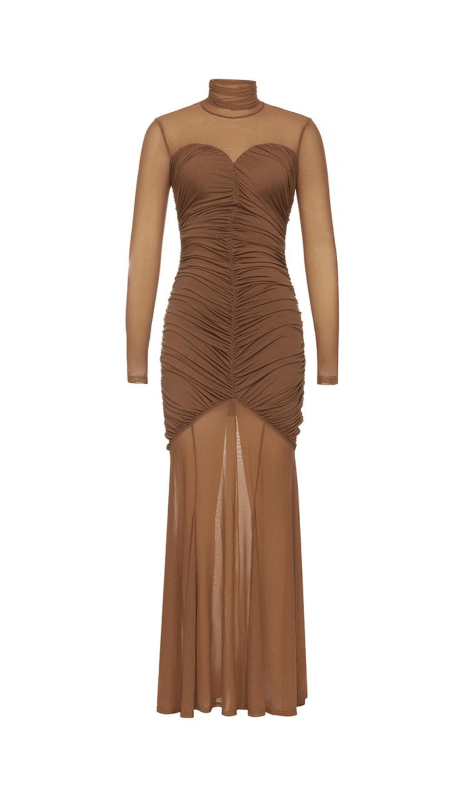 BRAUNES FIGURBETONTES MAXIKLEID MIT RÜSCHEN