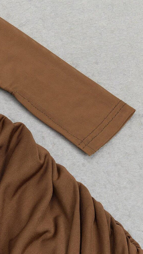 BROWN FIGURE-HUGGING RUCHED MAXI DRESS