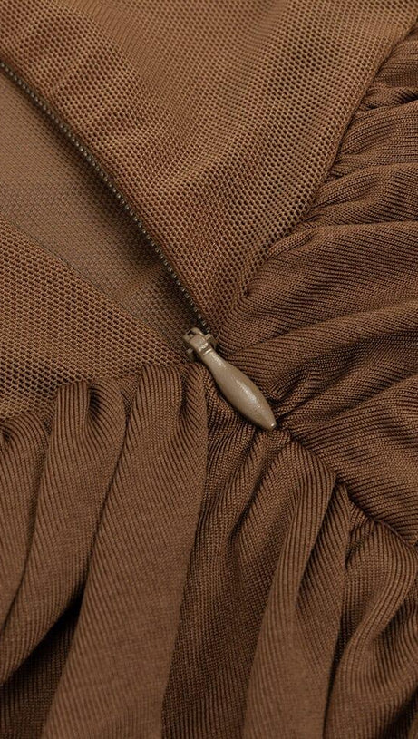 BROWN FIGURE-HUGGING RUCHED MAXI DRESS
