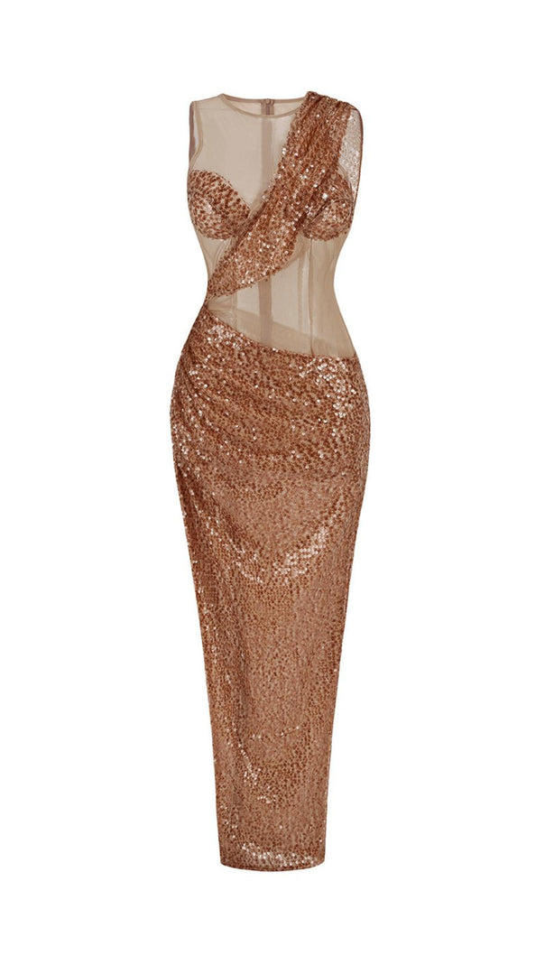 AIIZIE BROWN HIGH SPLIT SEQUIN DRAPE MAXI DRESS - product image