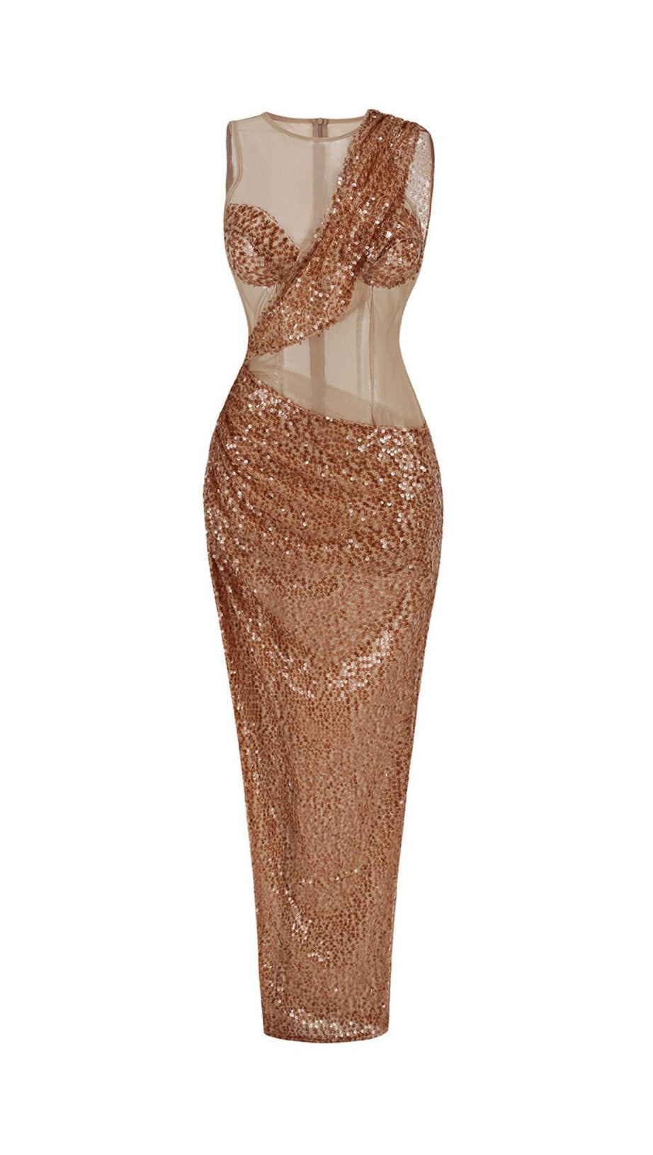 ABITO LUNGO MARRONE CON SPACCO ALTO E PAILLETTES