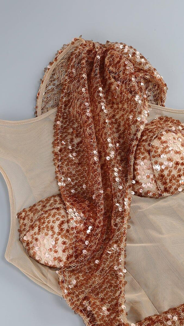 AIIZIE BROWN HIGH SPLIT SEQUIN DRAPE MAXI DRESS - product image