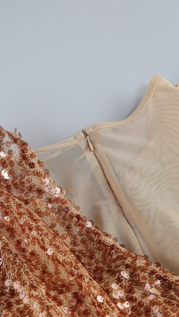 AIIZIE BROWN HIGH SPLIT SEQUIN DRAPE MAXI DRESS - product image