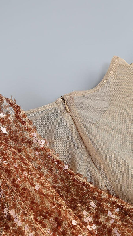 BROWN HIGH SPLIT SEQUIN DRAPE MAXI DRESS