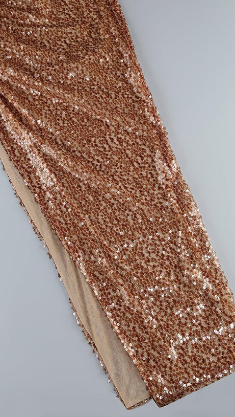 BROWN HIGH SPLIT SEQUIN DRAPE MAXI DRESS